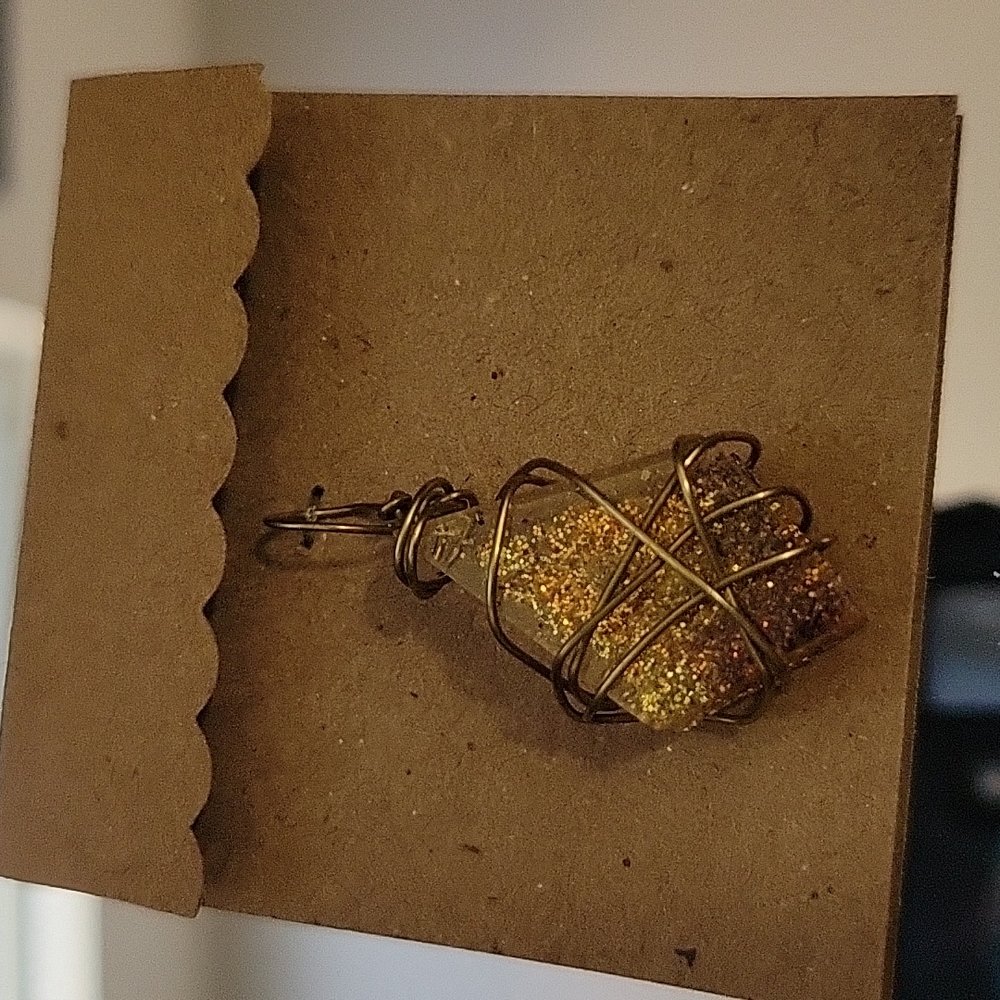 Handmade golden, wire wrapped, resin diamond shaped Pandant charm